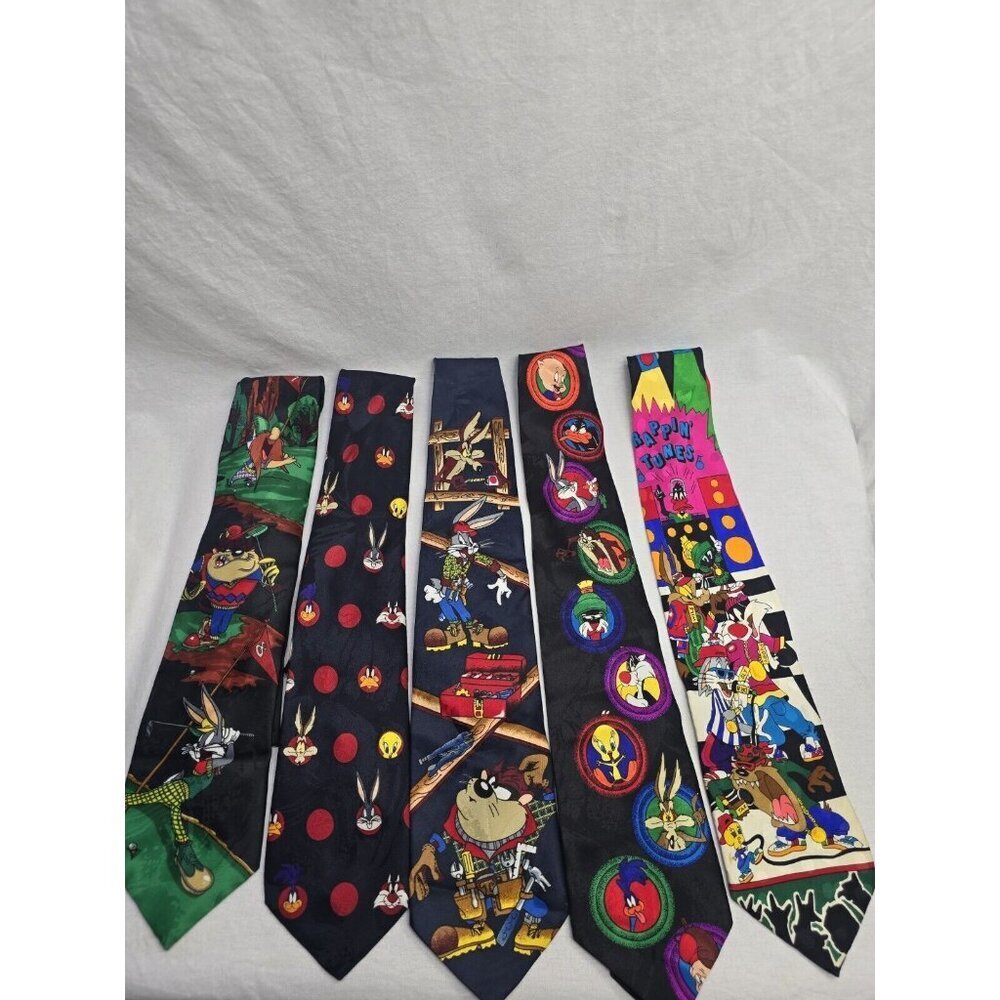 Vintage Looney Tunes Tie Lot Of 5 Assorted Cartoon Mens Ties- Read Description